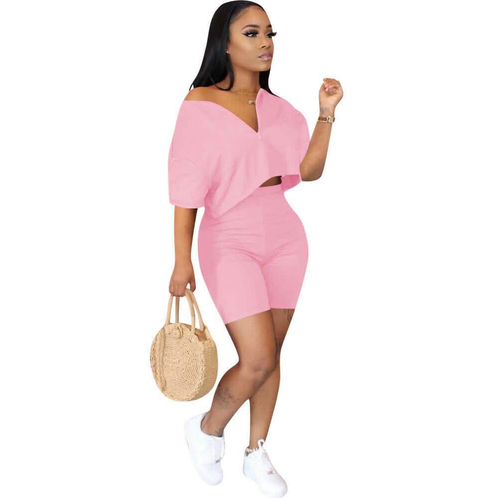Women's Solid Color Zipper Casual Jumpsuit Shorts Set