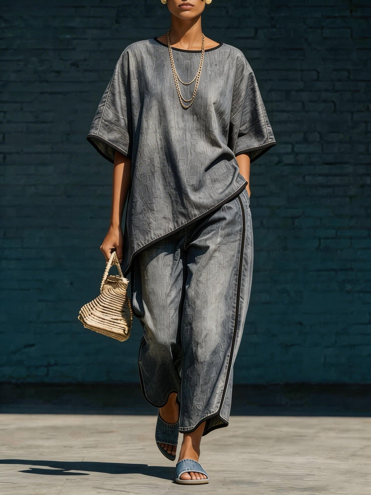 Women's Denim-Style Knit Top & Wide-Leg Pants Set