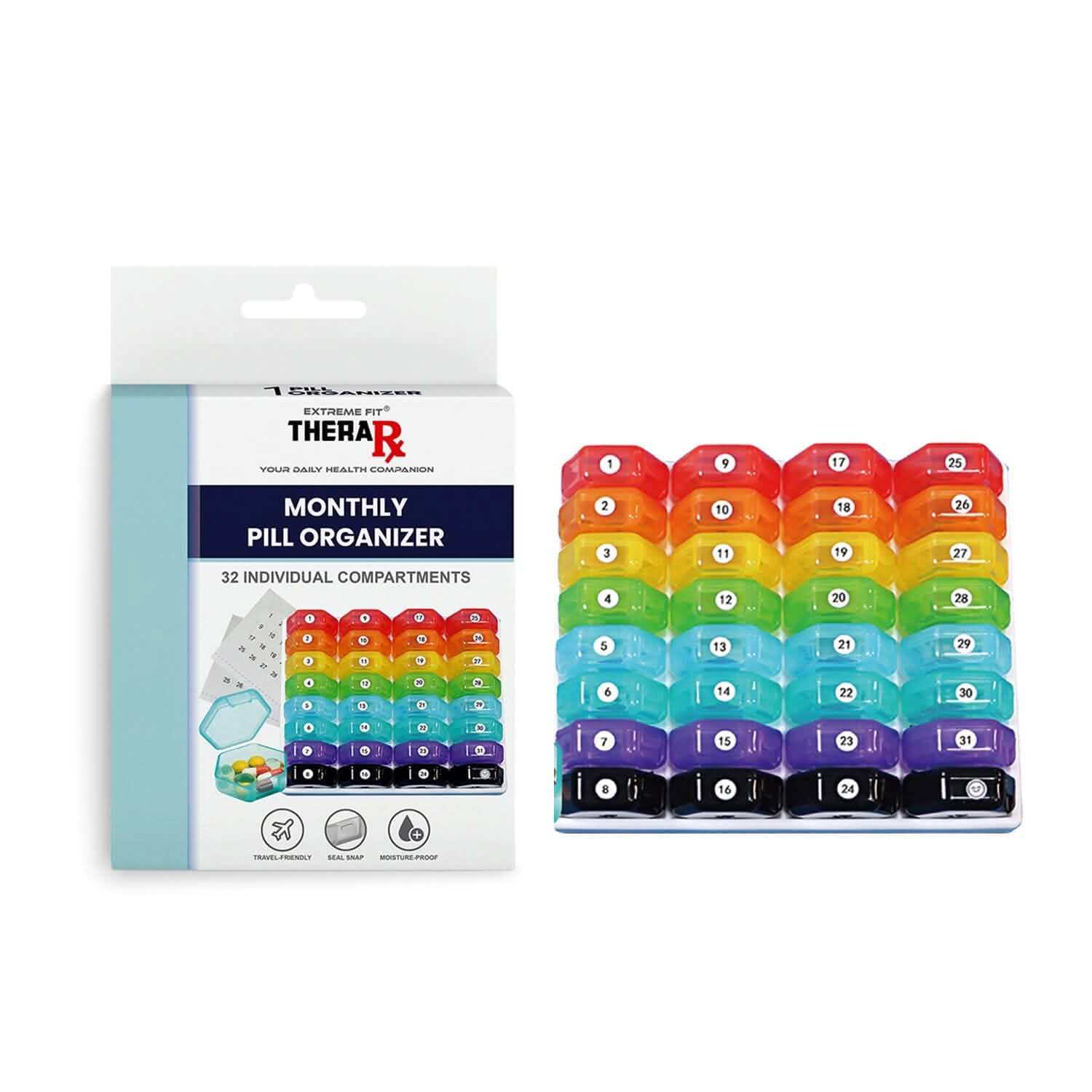32Pcs Colored Compartments Monthly Pill Organizer w/Tray