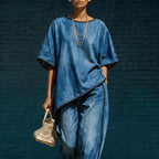 Women's Denim-Style Knit Top & Wide-Leg Pants Set