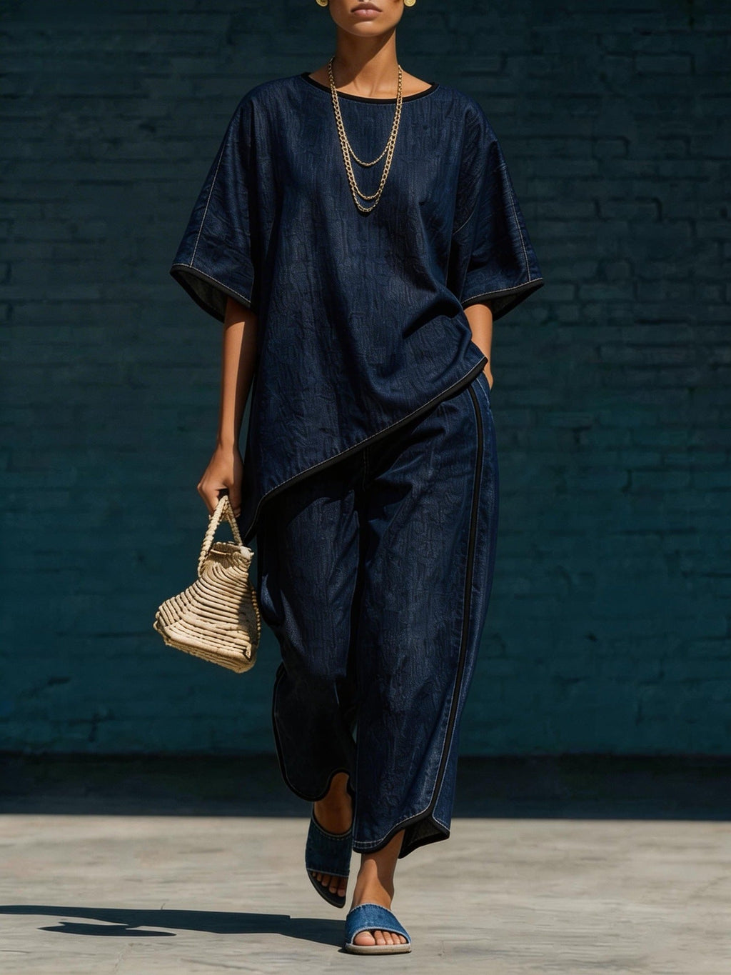 Women's Denim-Style Knit Top & Wide-Leg Pants Set