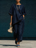 Women's Denim-Style Knit Top & Wide-Leg Pants Set