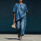 Women's Denim-Style Knit Top & Wide-Leg Pants Set