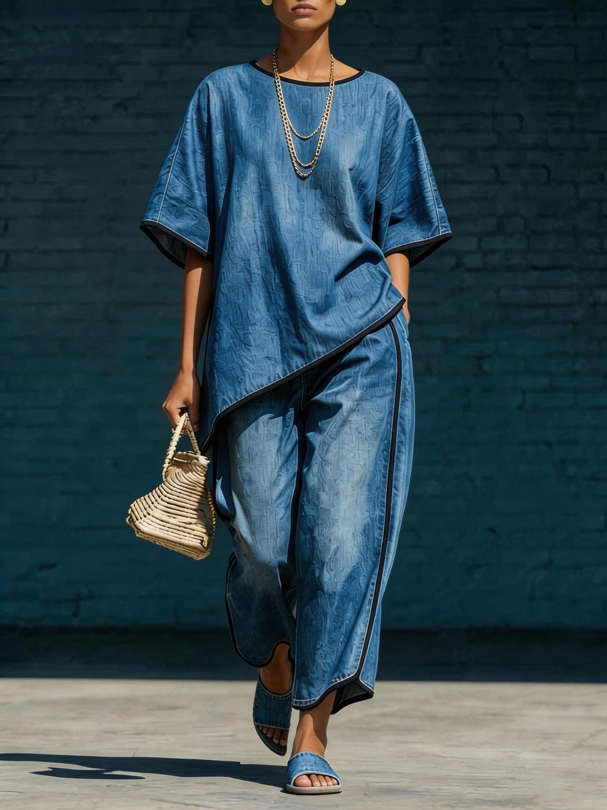 Women's Denim-Style Knit Top & Wide-Leg Pants Set