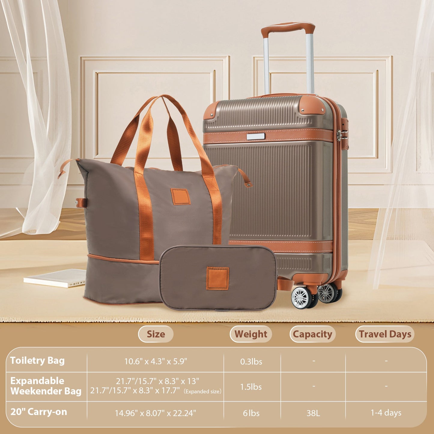 3Pcs Carry-on Coppery Hardshell Luggage Set