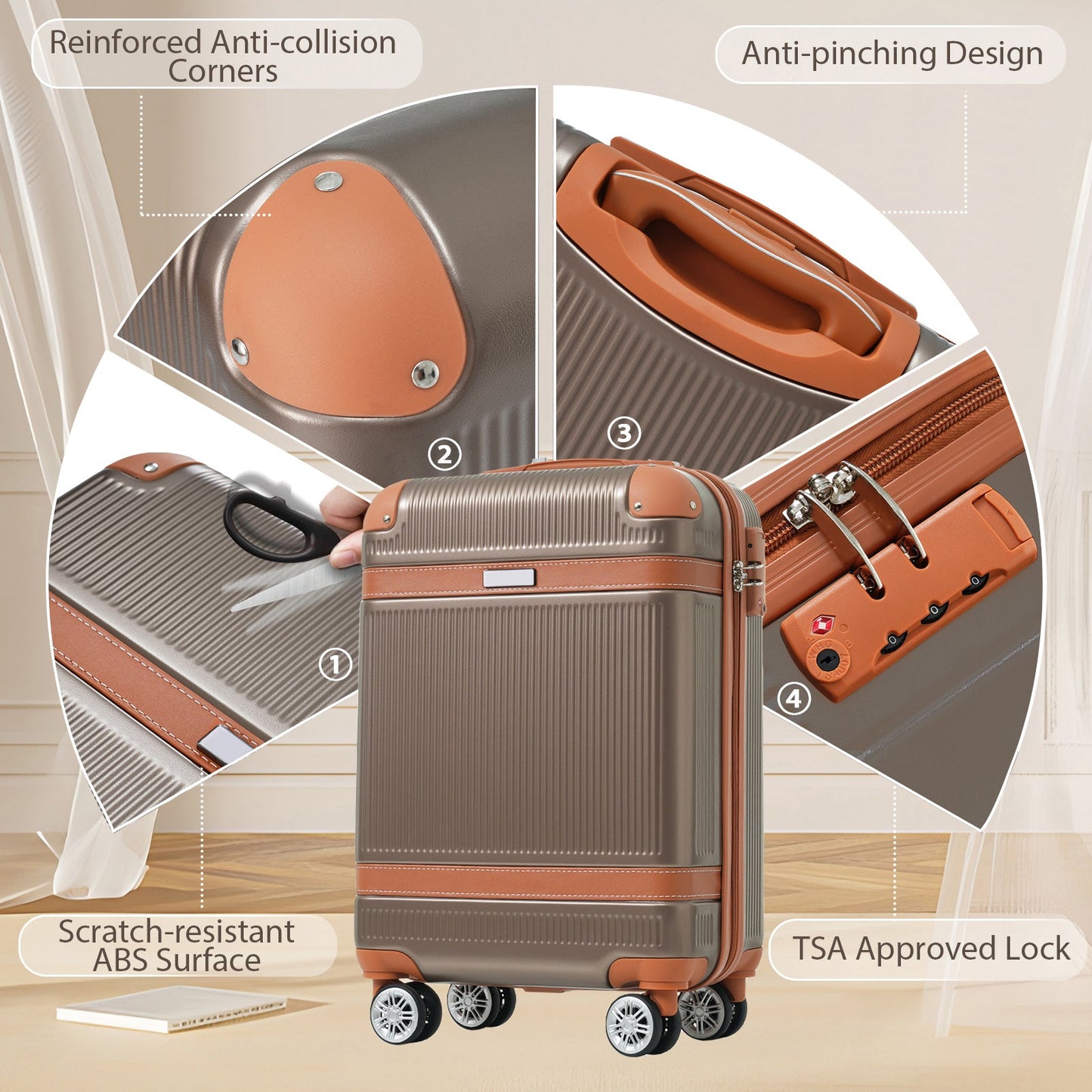 3Pcs Carry-on Coppery Hardshell Luggage Set