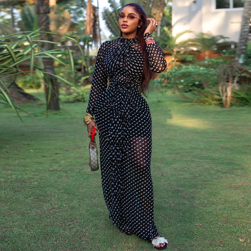 Outdoor Elegant Polka Dot Cinched Hip Dress