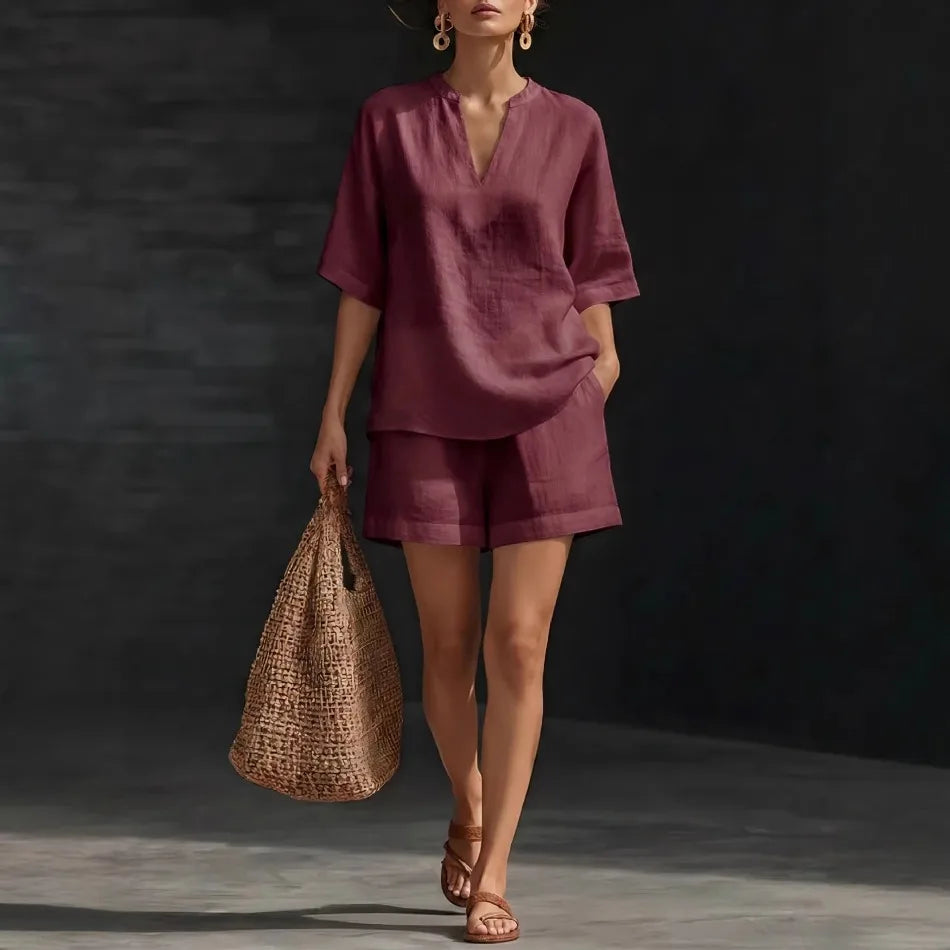 Women's Linen Loose Sleeve Shorts Set