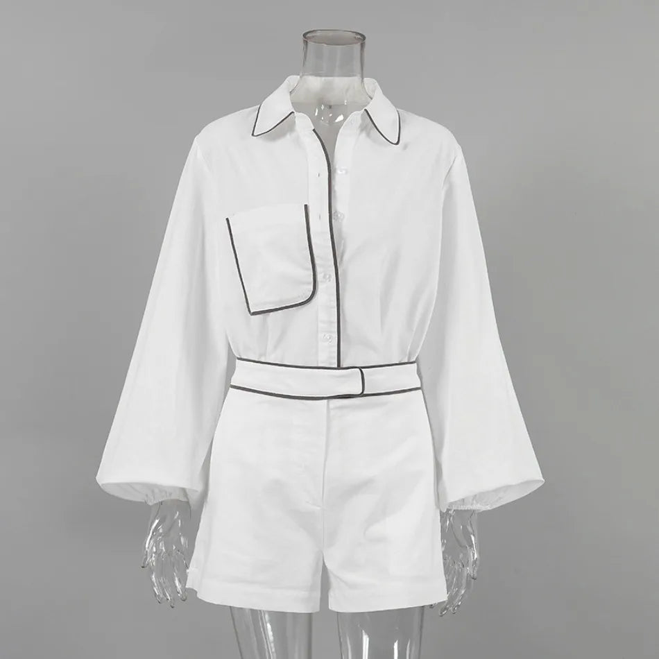 Women's Cotton Linen Long-Sleeved Black and White Shorts Set