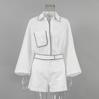 Women's Cotton Linen Long-Sleeved Black and White Shorts Set