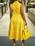 Women's Lapel Collar Sleeveless Plaid Print Midi Dress