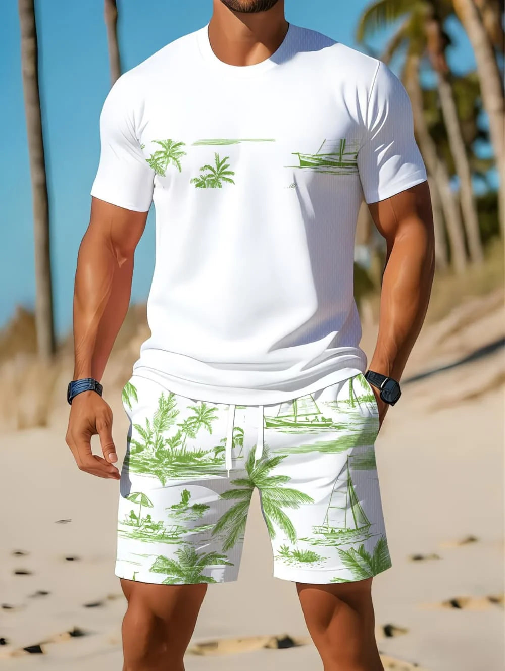 Men's Short Sleeve Palm Tree Print Shorts Set