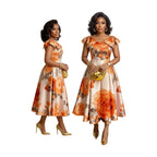 Women's Off Shoulder Bow Strap Floral Print Midi Swing Dress