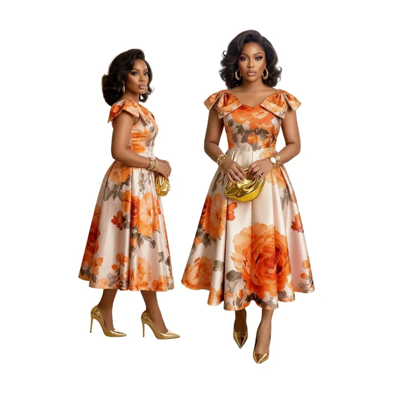 Women's Off Shoulder Bow Strap Floral Print Midi Swing Dress
