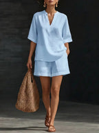 Women's Linen Loose Sleeve Shorts Set