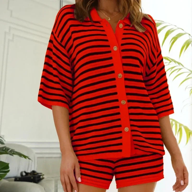 Women's Striped Color Patchwork Knitted Shorts Set