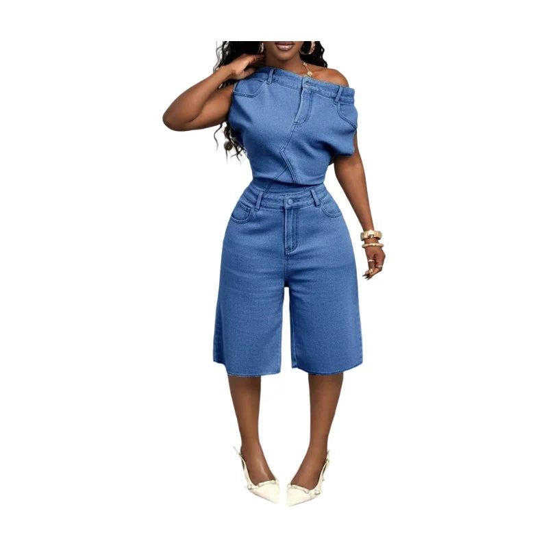 Women's Off Shoulder Sleeveless Fitted Top Matching Loose Knee Length Shorts