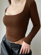 Square Collar Long Sleeve Casual Women's T-Shirt