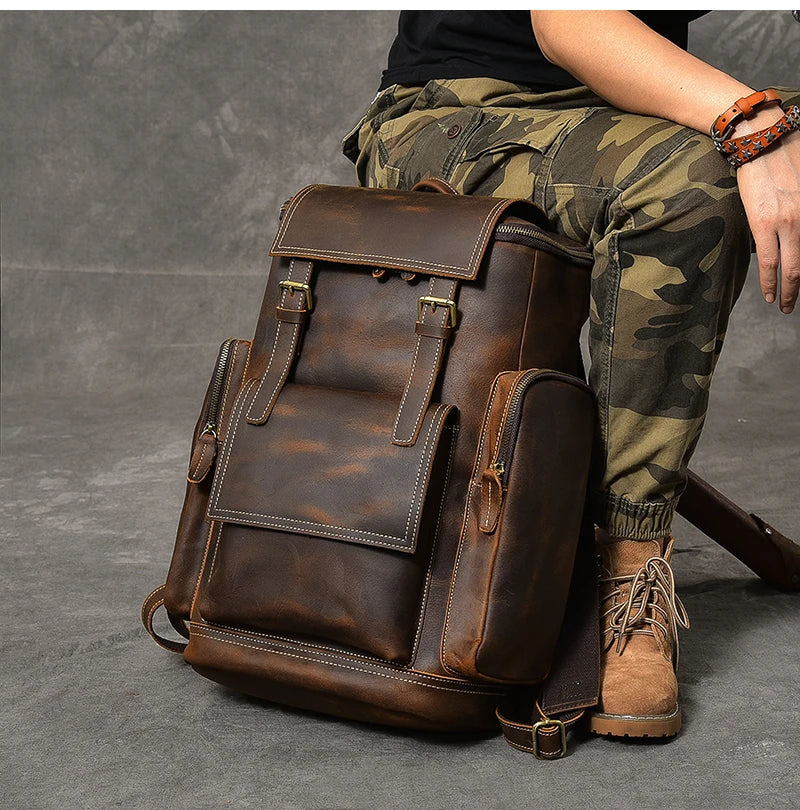 Vintage Crazy Horse Genuine Leather Hiking Backpack