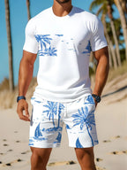 Men's Short Sleeve Palm Tree Print Shorts Set