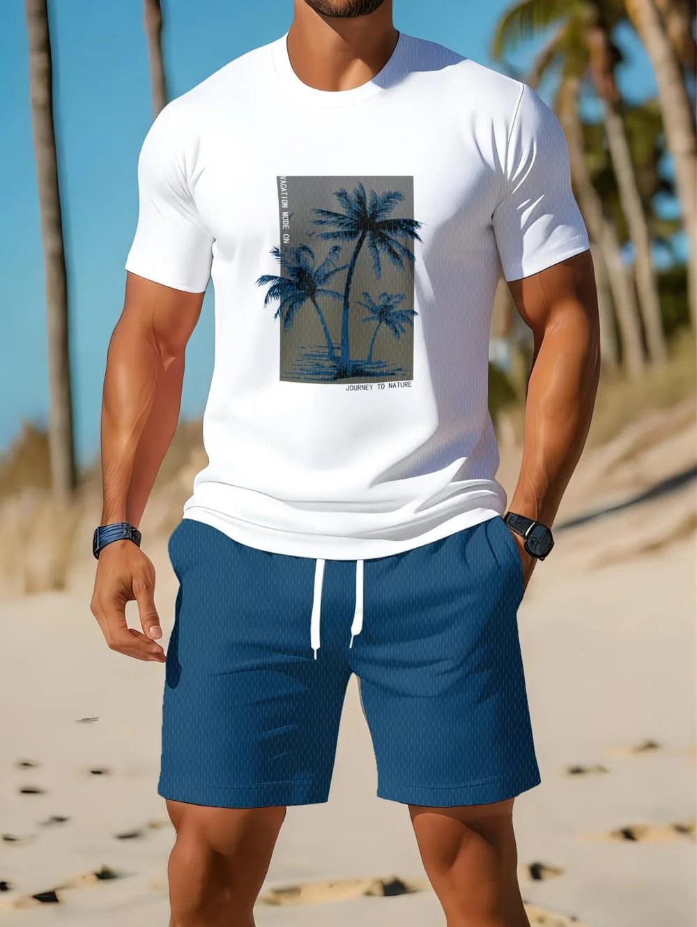 Men's Short Sleeve Palm Tree Print Shorts Set