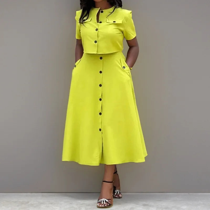 Women's Two Piece Summer Short Sleeve O-Neck Shirt and Skirt Set
