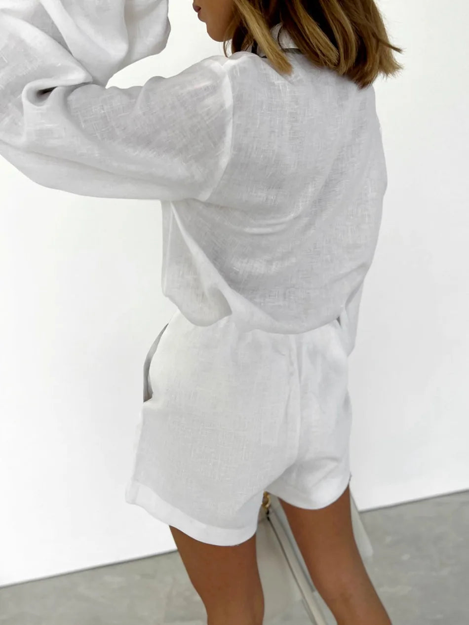 Women's Cotton Linen Long-Sleeved Black and White Shorts Set