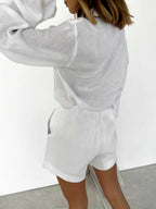 Women's Cotton Linen Long-Sleeved Black and White Shorts Set