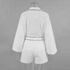 Women's Cotton Linen Long-Sleeved Black and White Shorts Set