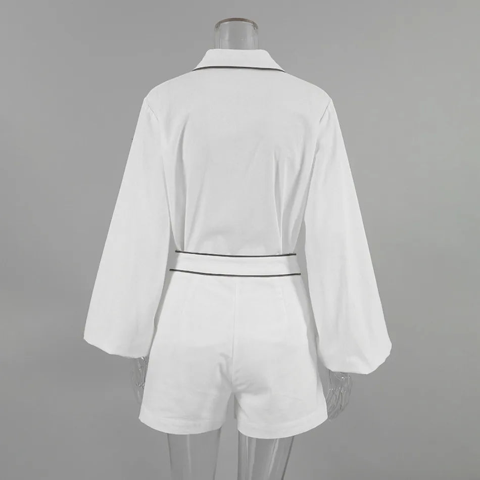 Women's Cotton Linen Long-Sleeved Black and White Shorts Set