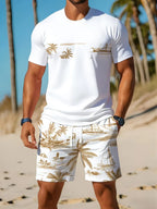 Men's Short Sleeve Palm Tree Print Shorts Set