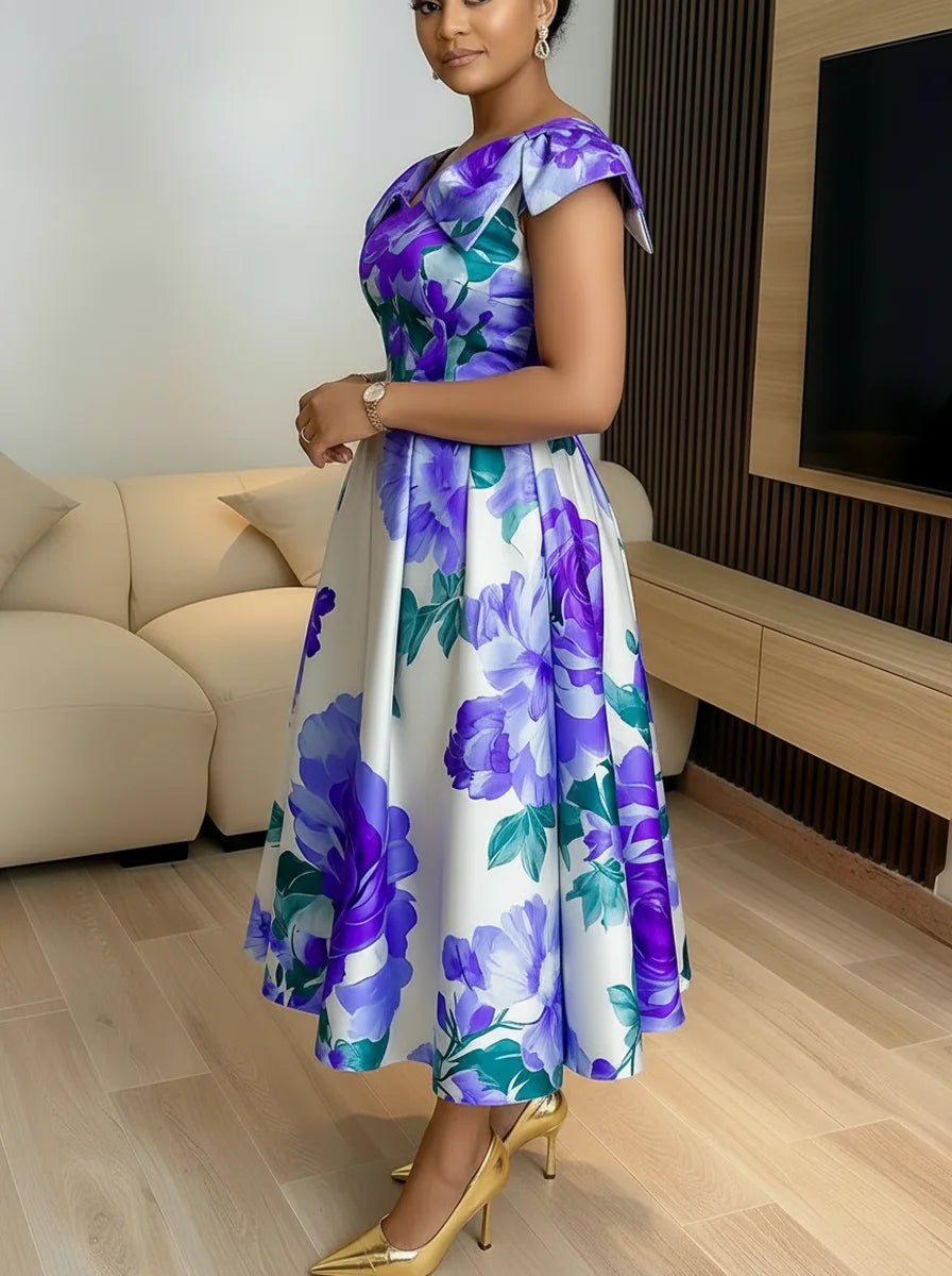 Women's Off Shoulder Bow Strap Floral Print Midi Swing Dress