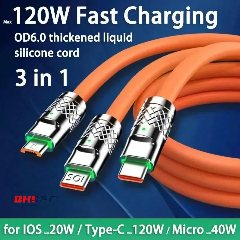 3 in 1 Micro USB iPhone Charging Cable 120W