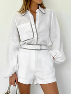 Women's Cotton Linen Long-Sleeved Black and White Shorts Set