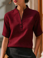 Women's Short Sleeve V-Neck Button Detail Blouse