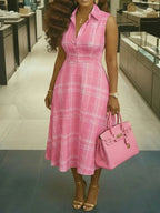 Women's Lapel Collar Sleeveless Plaid Print Midi Dress