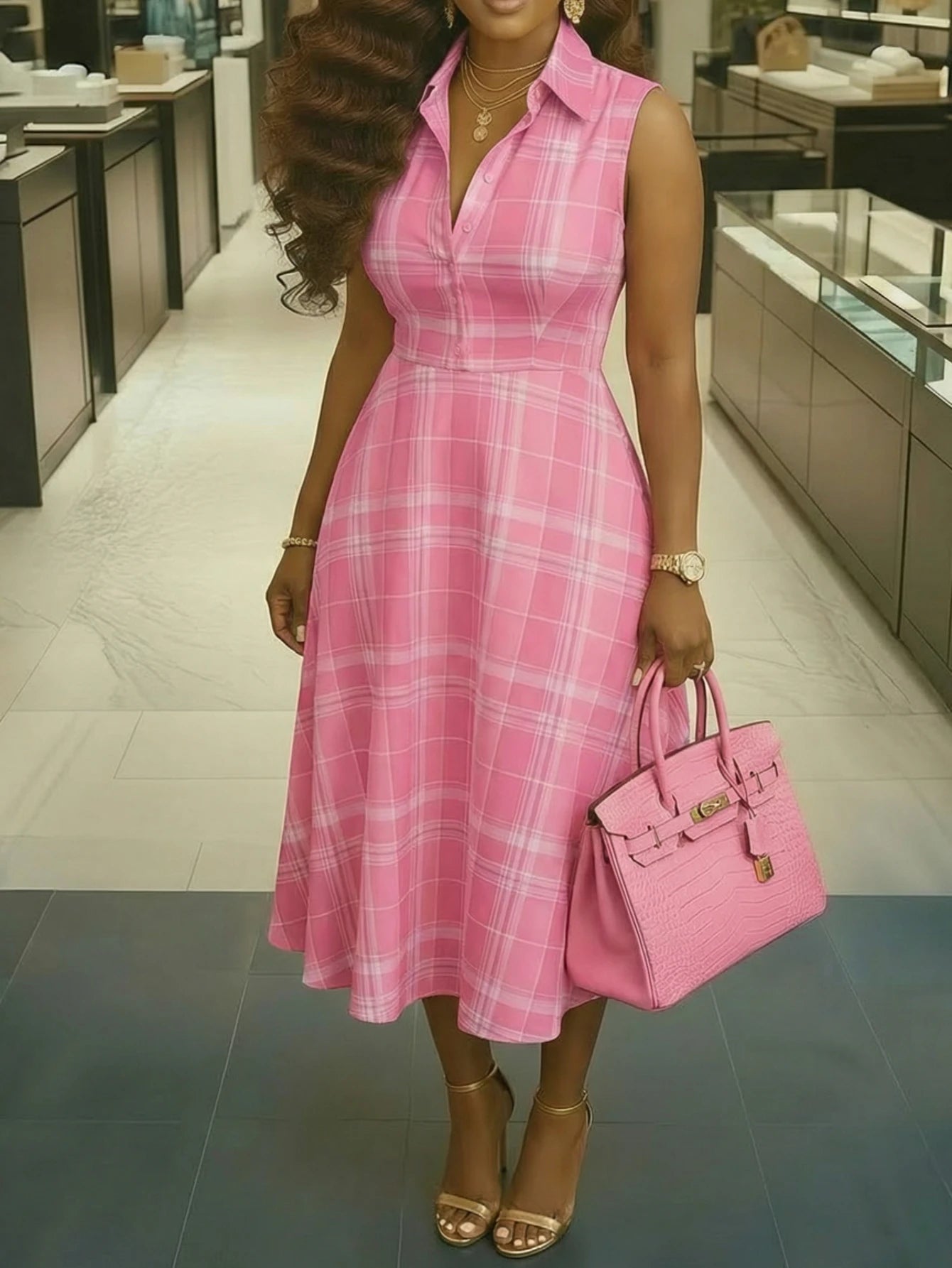 Women's Lapel Collar Sleeveless Plaid Print Midi Dress
