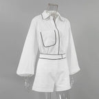 Women's Cotton Linen Long-Sleeved Black and White Shorts Set