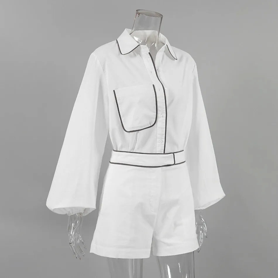 Women's Cotton Linen Long-Sleeved Black and White Shorts Set