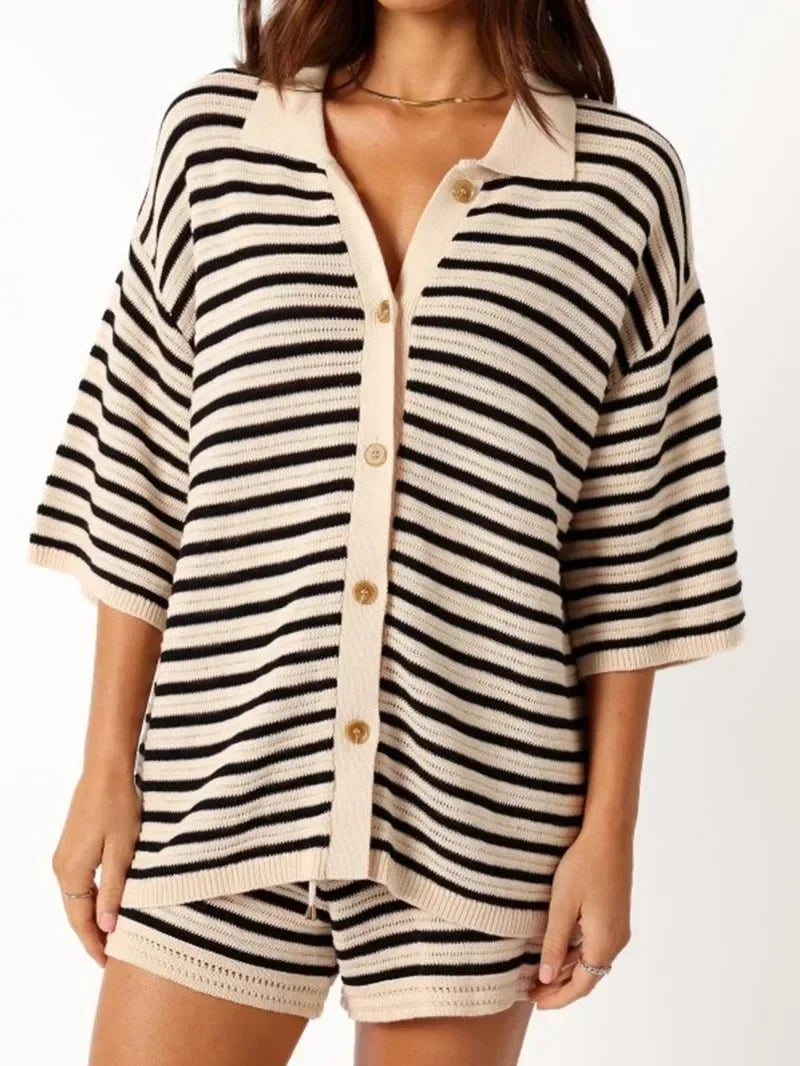 Women's Striped Color Patchwork Knitted Shorts Set