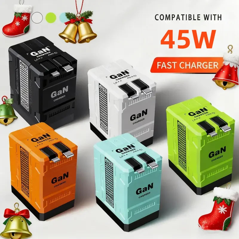 VoltGo GaN 45W Fast Wall Charger with Retractable Type-C Cable