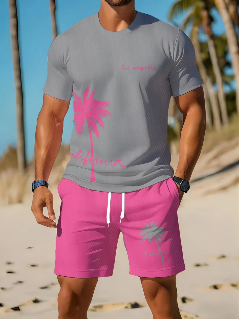 Men's Short Sleeve Palm Tree Print Shorts Set