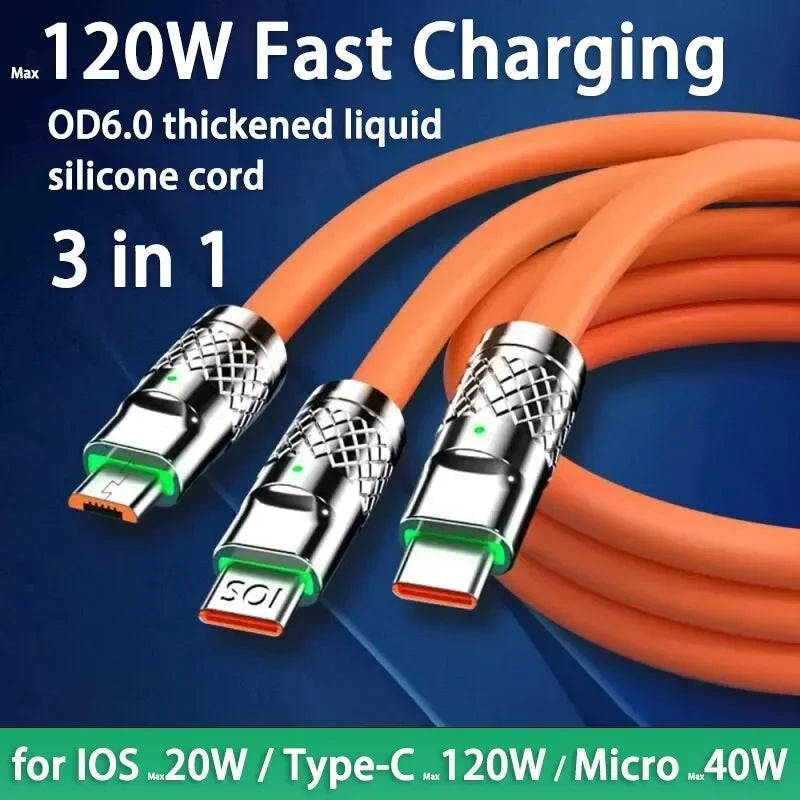 3 in 1 Micro USB iPhone Charging Cable 120W