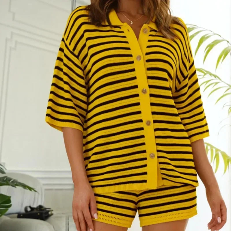 Women's Striped Color Patchwork Knitted Shorts Set