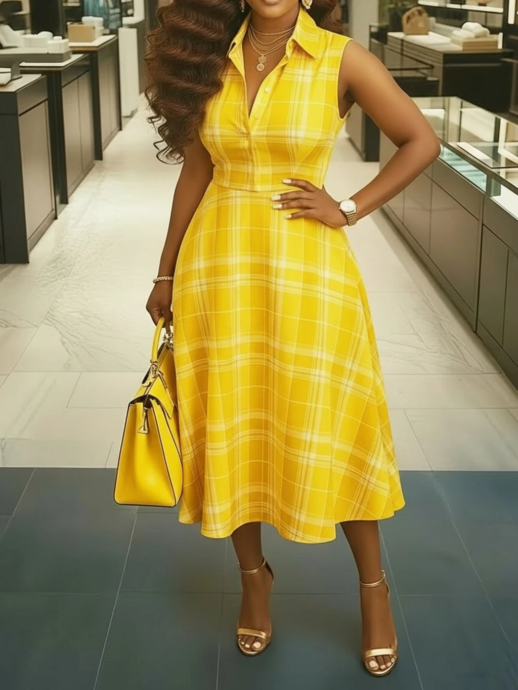 Women's Lapel Collar Sleeveless Plaid Print Midi Dress
