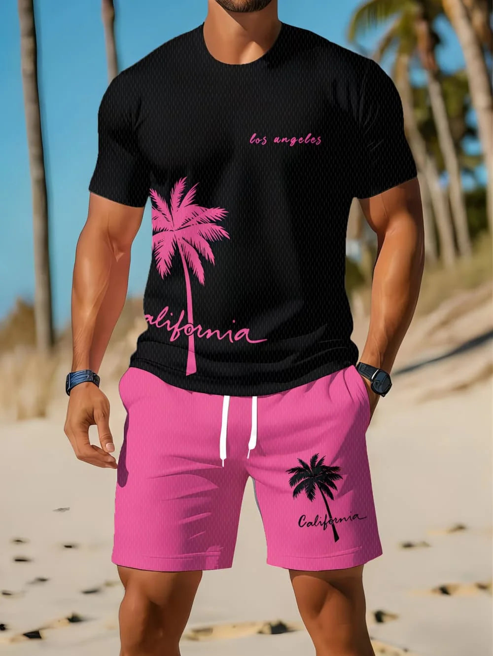 Men's Short Sleeve Palm Tree Print Shorts Set