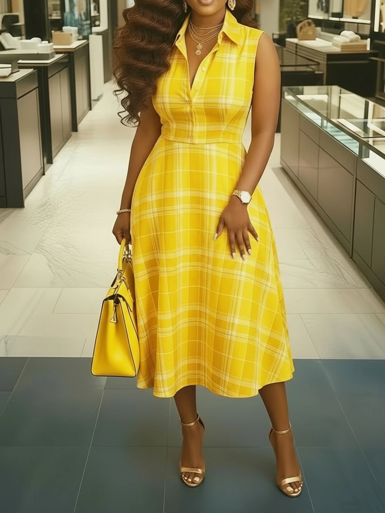 Women's Lapel Collar Sleeveless Plaid Print Midi Dress
