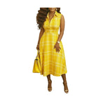 Women's Lapel Collar Sleeveless Plaid Print Midi Dress