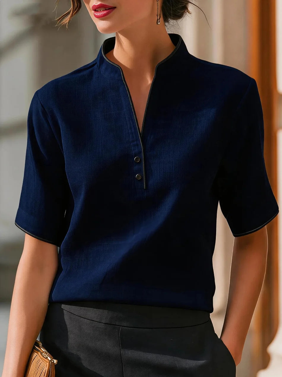Women's Short Sleeve V-Neck Button Detail Blouse