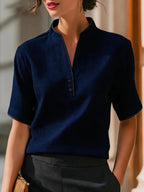 Women's Short Sleeve V-Neck Button Detail Blouse